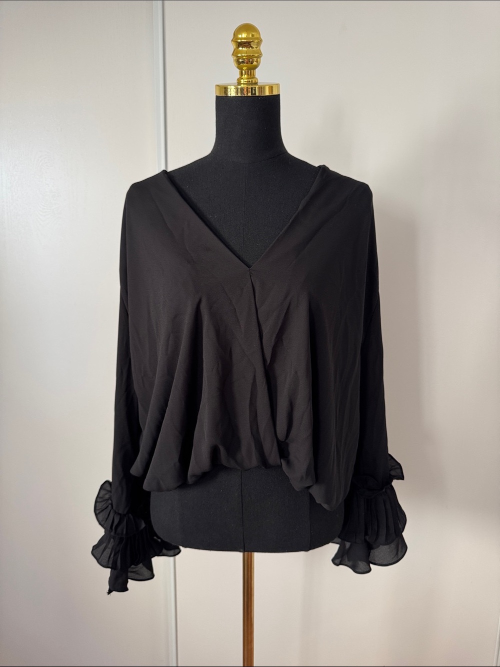 Flattering Black V-Neck Ruffle Sleeve Women's Top
